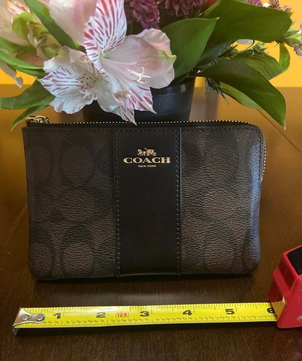 Coach Corner Zip Wristlet In Signature Canvas With Stripe